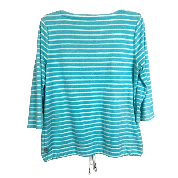 T by Talbots Terry Top  Women's Size LP  Turquoise Stripe Drawstring 3/4 Sleeve - Picture 2 of 7